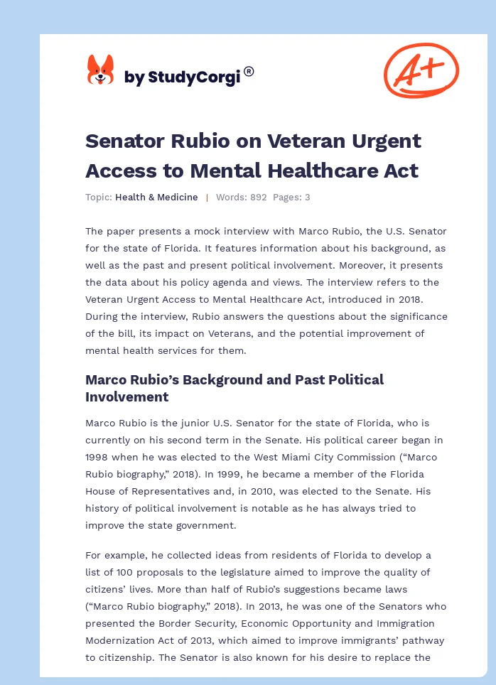 Senator Rubio on Veteran Urgent Access to Mental Healthcare Act. Page 1