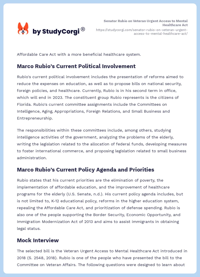 Senator Rubio on Veteran Urgent Access to Mental Healthcare Act. Page 2