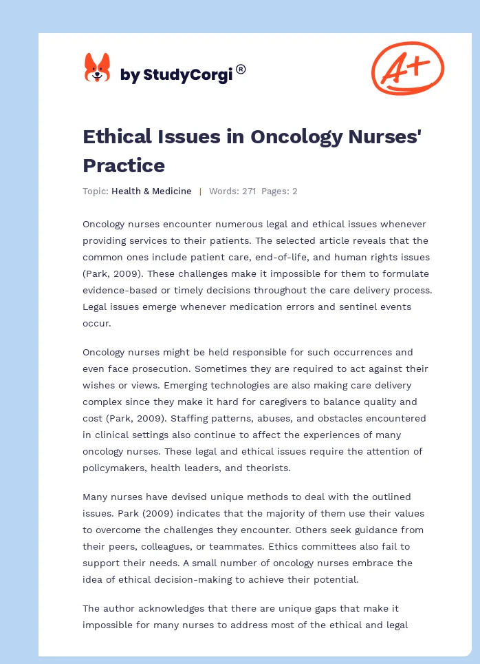 Ethical Issues in Oncology Nurses' Practice. Page 1