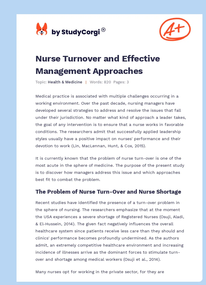Nurse Turnover and Effective Management Approaches. Page 1