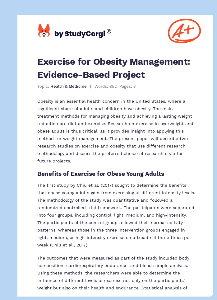 Exercise for Obesity Management: Evidence-Based Project. Page 1