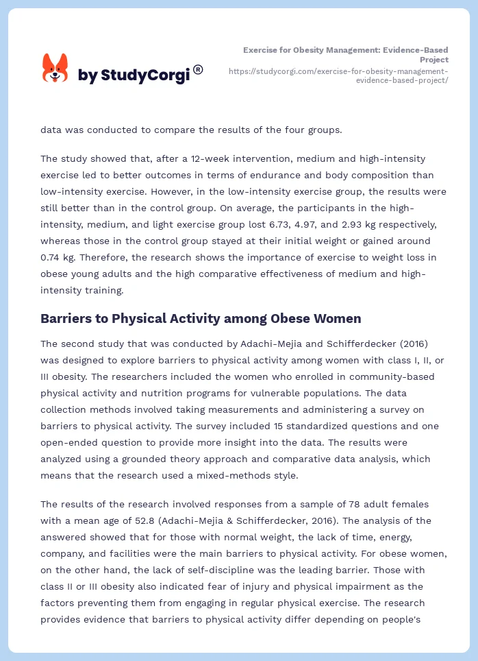 Exercise for Obesity Management: Evidence-Based Project. Page 2