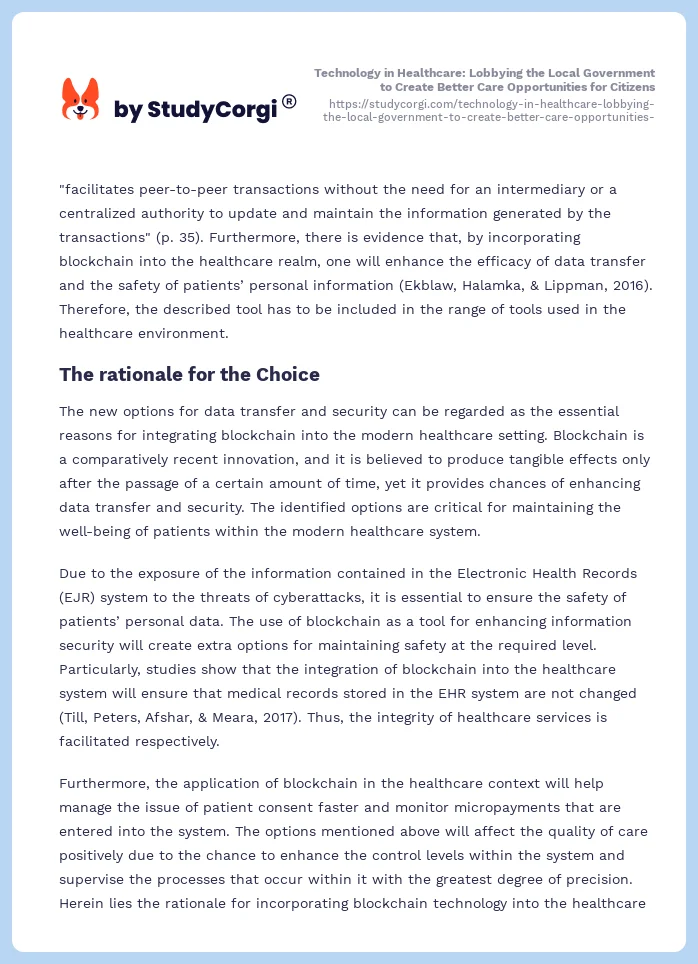Technology in Healthcare: Lobbying the Local Government to Create Better Care Opportunities for Citizens. Page 2