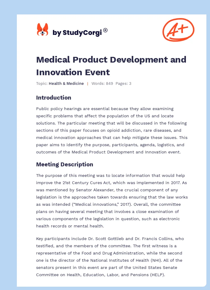 Medical Product Development and Innovation Event. Page 1