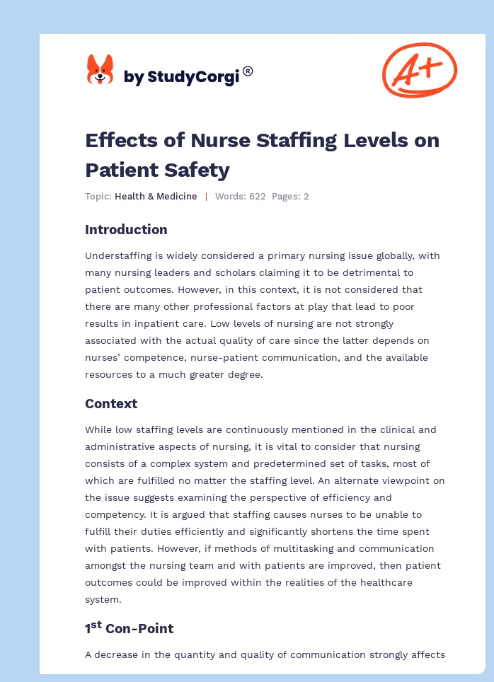 Effects of Nurse Staffing Levels on Patient Safety. Page 1