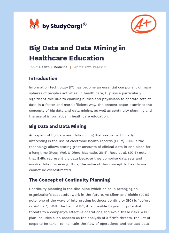 Big Data and Data Mining in Healthcare Education. Page 1