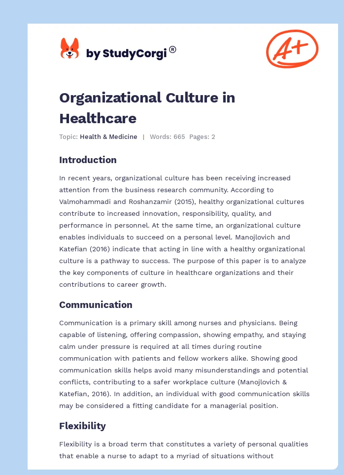 Organizational Culture in Healthcare. Page 1
