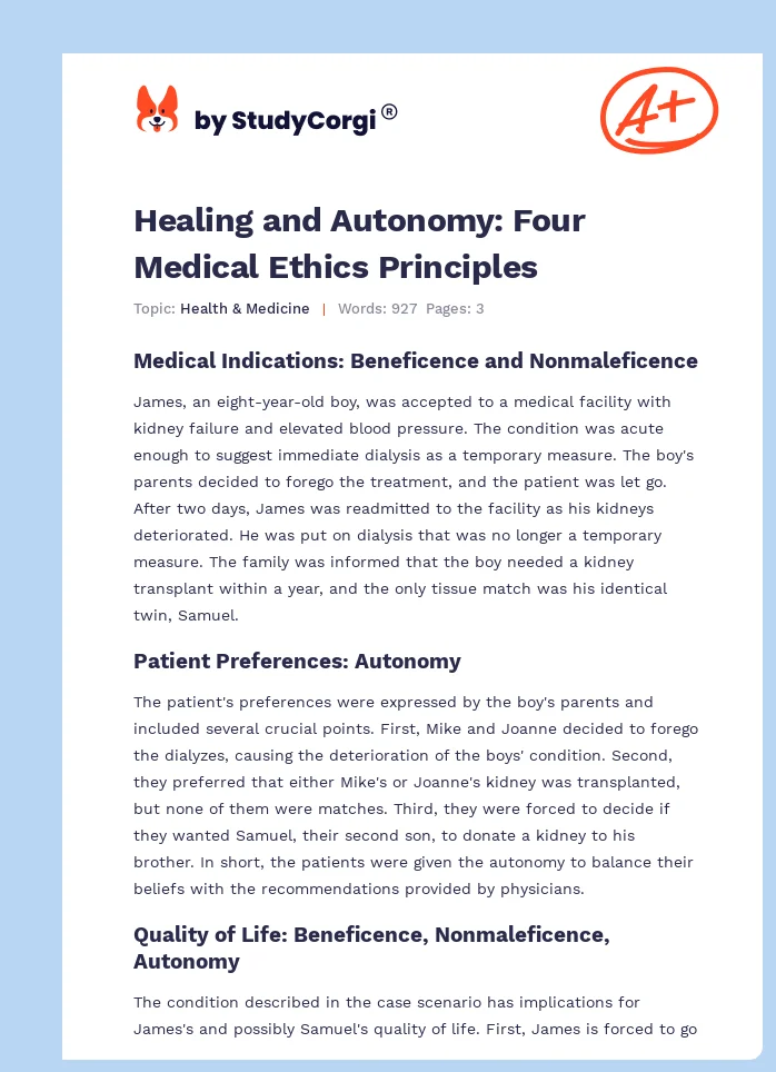 Healing and Autonomy: Four Medical Ethics Principles. Page 1
