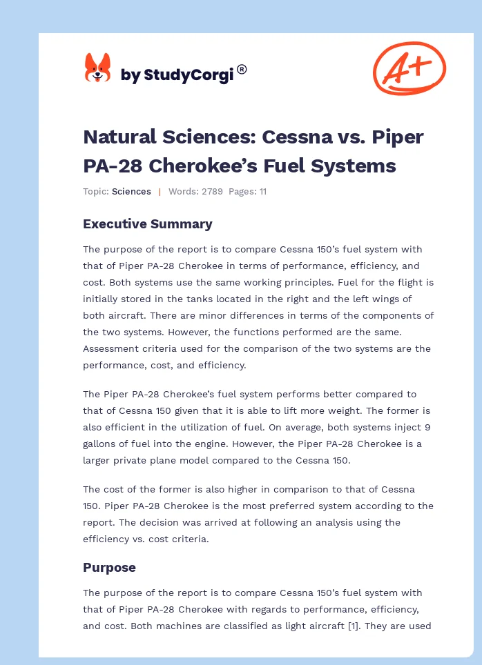 Natural Sciences: Cessna vs. Piper PA-28 Cherokee’s Fuel Systems. Page 1