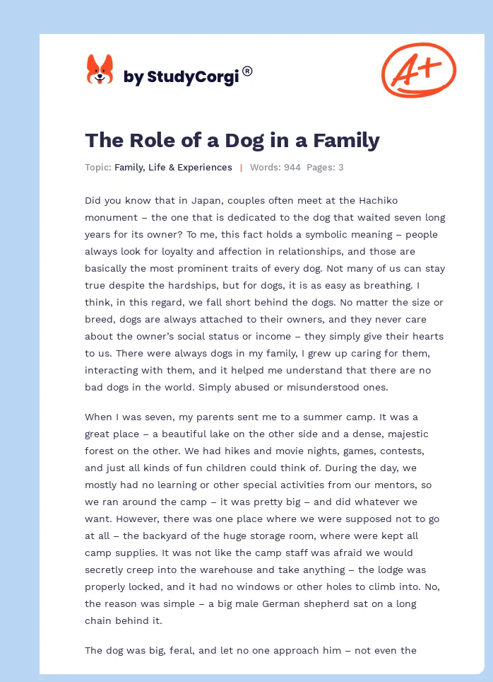 The Role of a Dog in a Family. Page 1