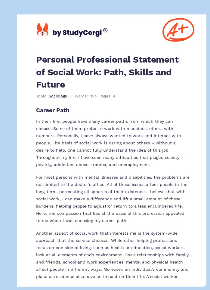 Personal Professional Statement of Social Work: Path, Skills and Future. Page 1