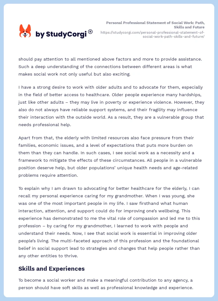 Personal Professional Statement of Social Work: Path, Skills and Future. Page 2