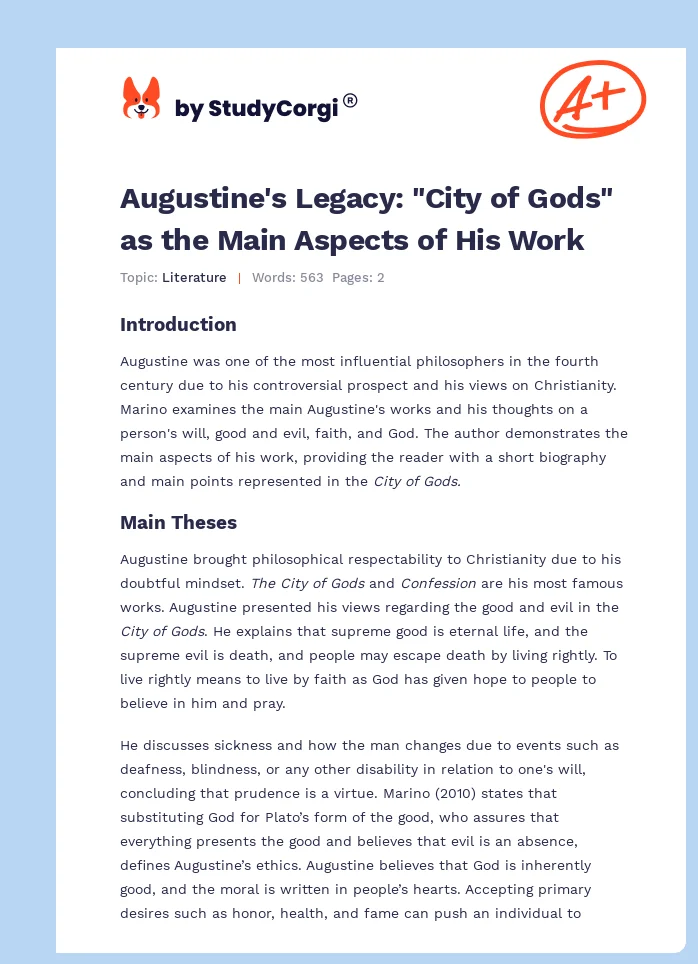 Augustine's Legacy: "City of Gods" as the Main Aspects of His Work. Page 1