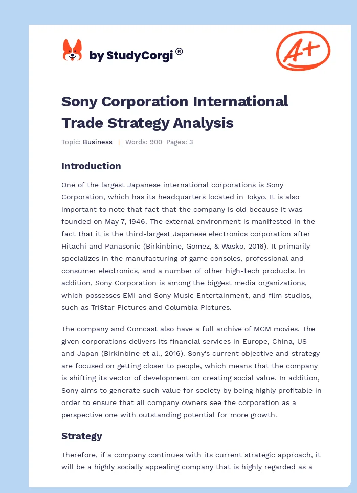 Sony Corporation International Trade Strategy Analysis. Page 1