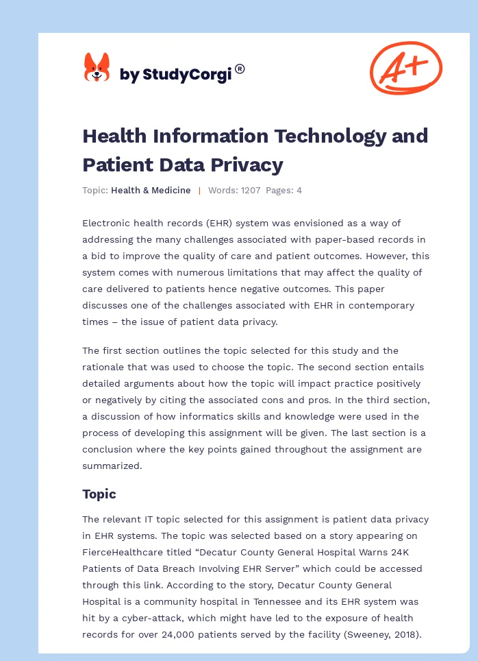 Health Information Technology and Patient Data Privacy. Page 1