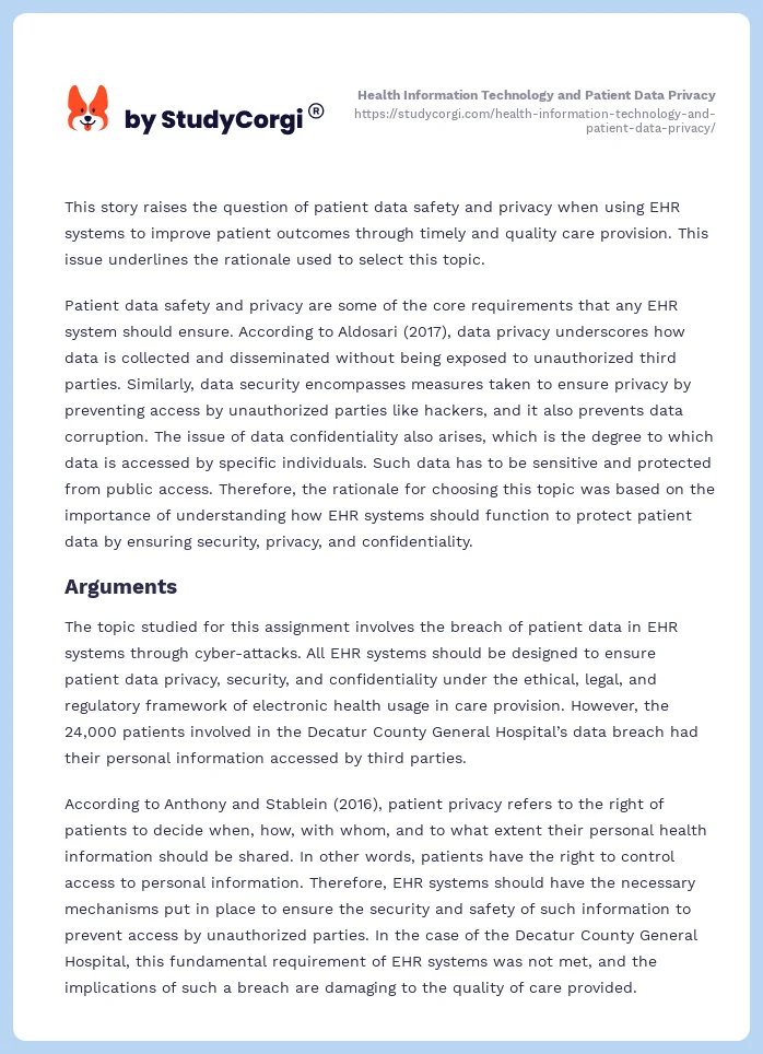 Health Information Technology and Patient Data Privacy. Page 2
