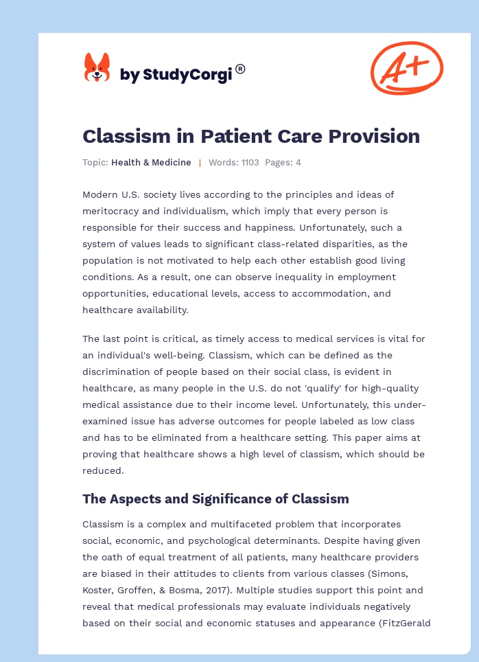Classism in Patient Care Provision. Page 1