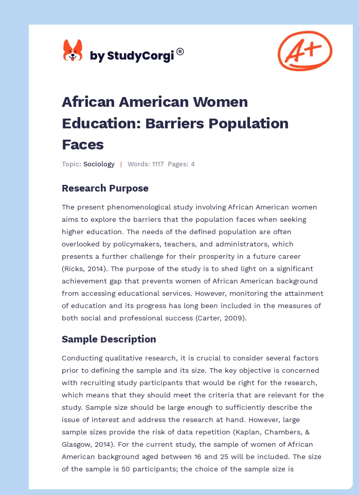 African American Women Education: Barriers Population Faces. Page 1