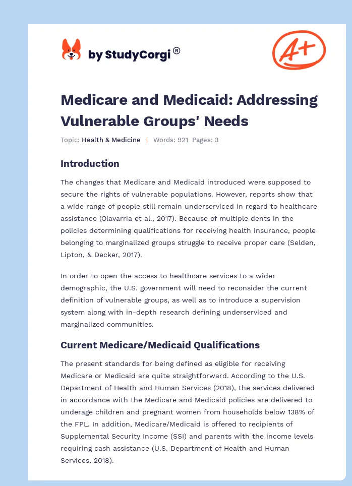 Medicare and Medicaid: Addressing Vulnerable Groups' Needs. Page 1