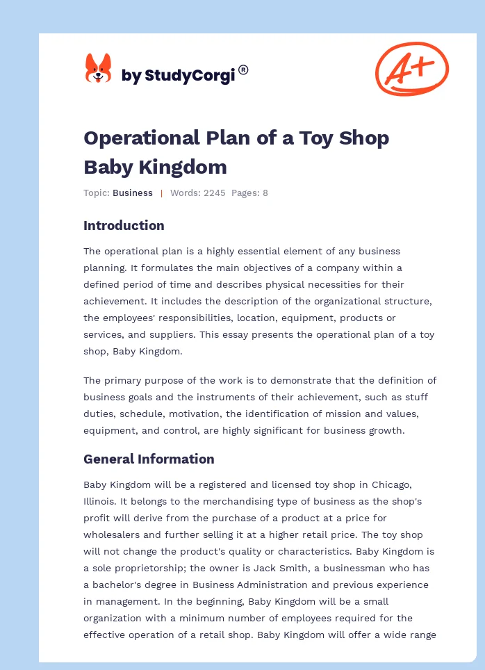 Operational Plan of a Toy Shop Baby Kingdom. Page 1