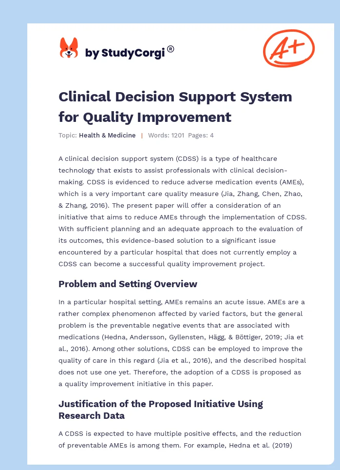 Clinical Decision Support System for Quality Improvement. Page 1