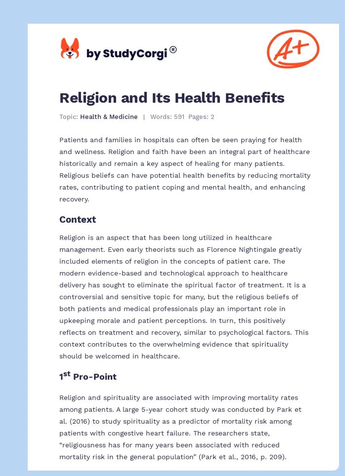 Religion and Its Health Benefits. Page 1