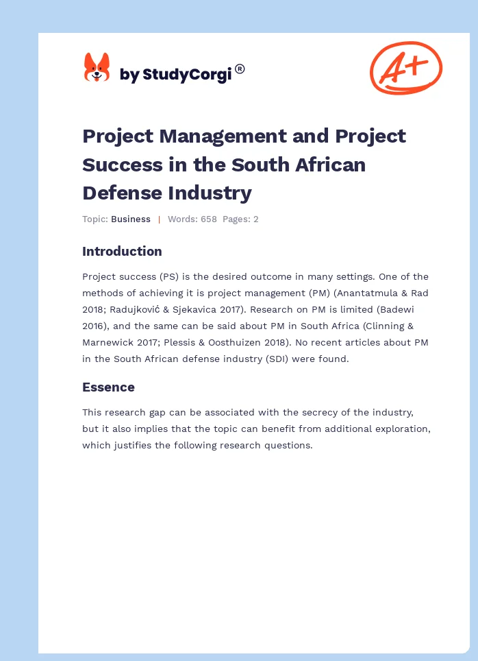 Project Management and Project Success in the South African Defense Industry. Page 1