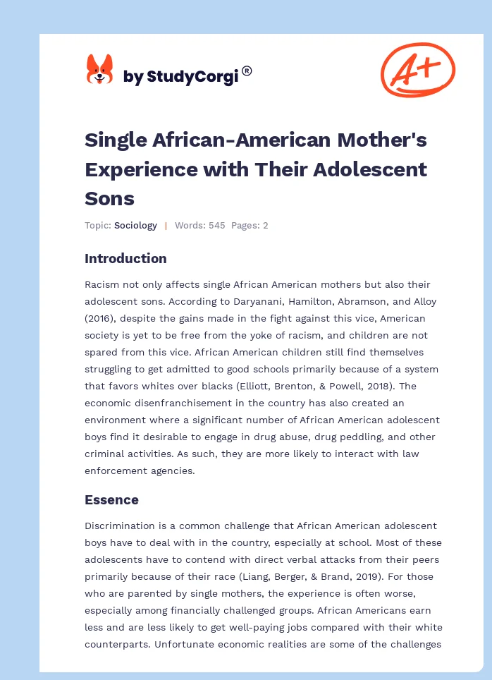 Single African-American Mother's Experience with Their Adolescent Sons. Page 1