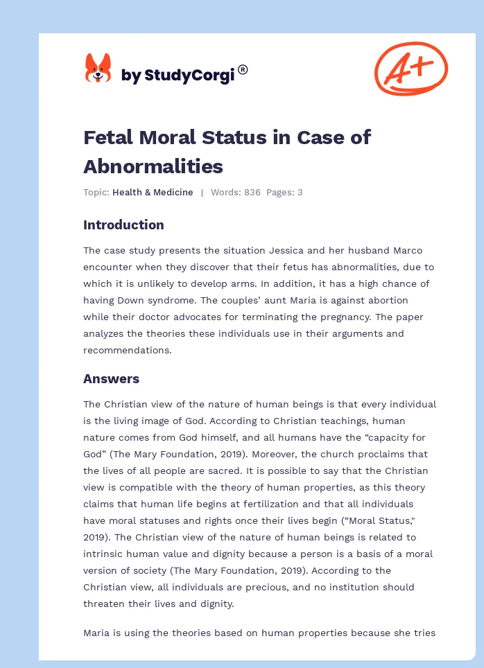 Fetal Moral Status in Case of Abnormalities. Page 1