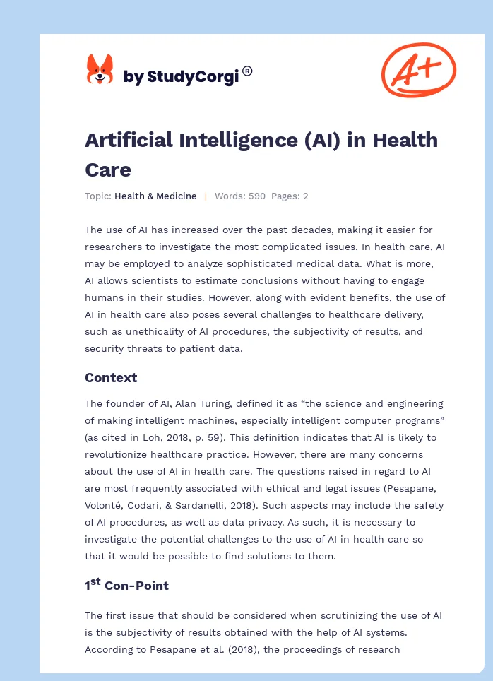 Artificial Intelligence (AI) in Health Care. Page 1