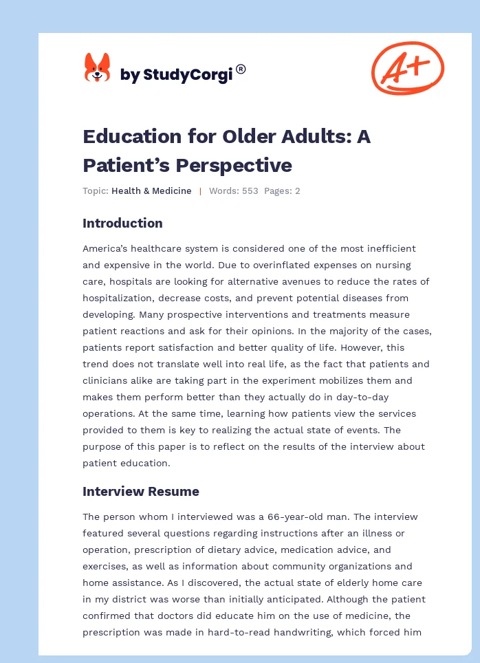 Education for Older Adults: A Patient’s Perspective. Page 1