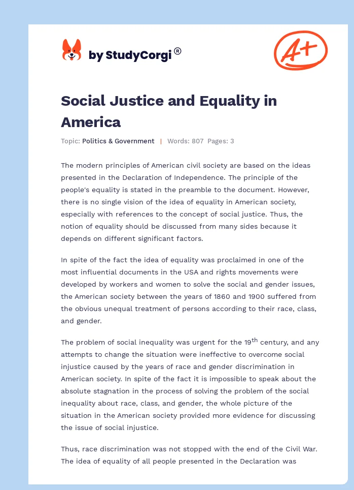 Social Justice and Equality in America. Page 1