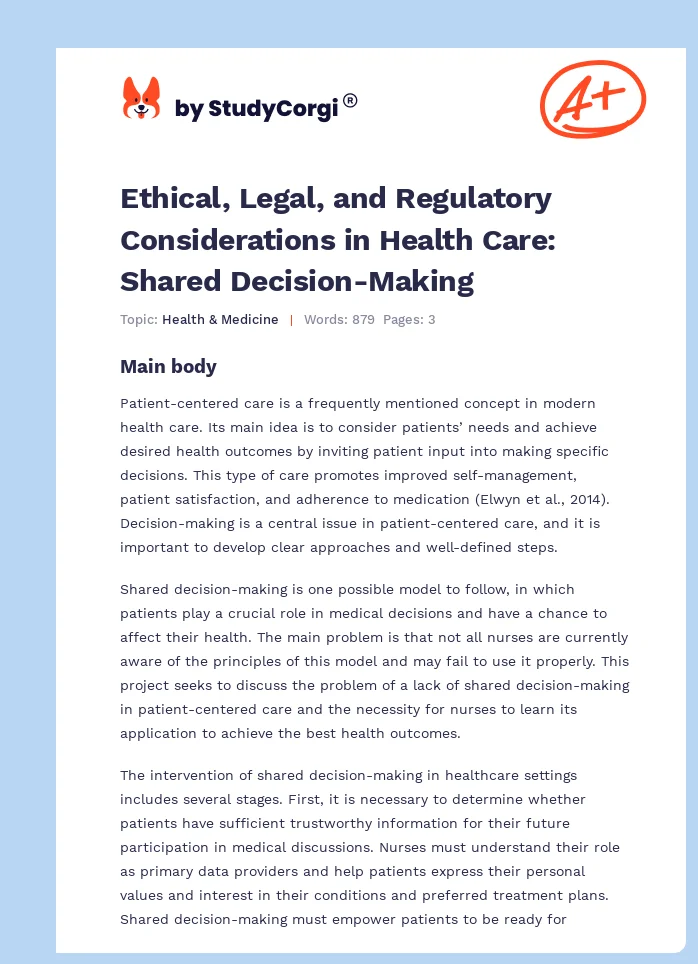 Ethical, Legal, and Regulatory Considerations in Health Care: Shared Decision-Making. Page 1
