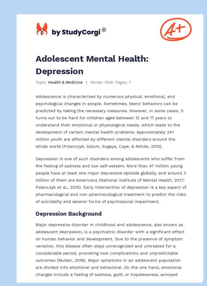 Adolescent Mental Health: Depression. Page 1