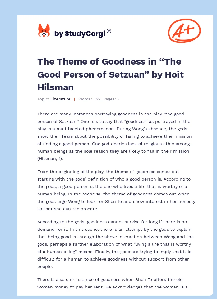 The Theme of Goodness in “The Good Person of Setzuan” by Hoit Hilsman. Page 1