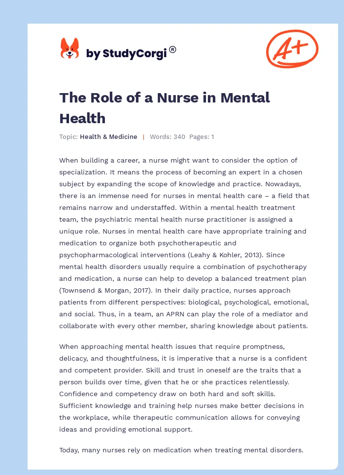 The Role of a Nurse in Mental Health. Page 1