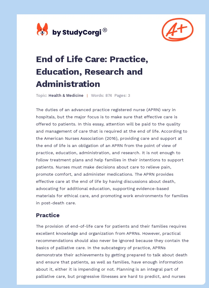 End of Life Care: Practice, Education, Research and Administration. Page 1