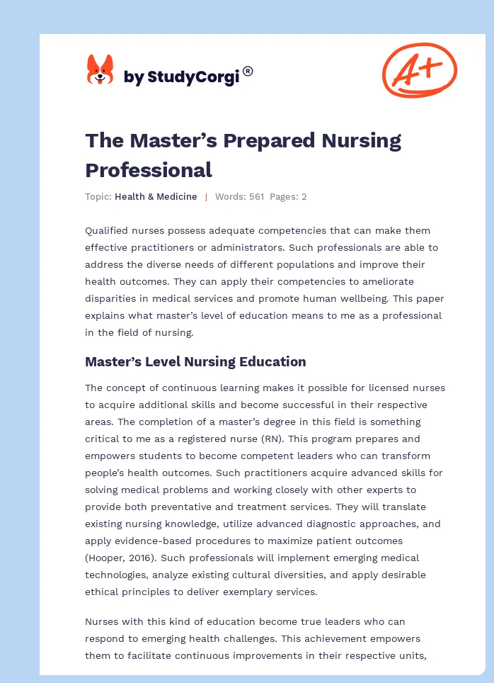 The Master’s Prepared Nursing Professional. Page 1