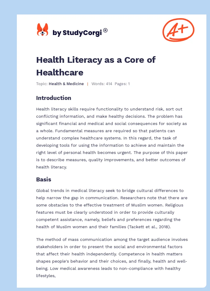 Health Literacy as a Core of Healthcare. Page 1