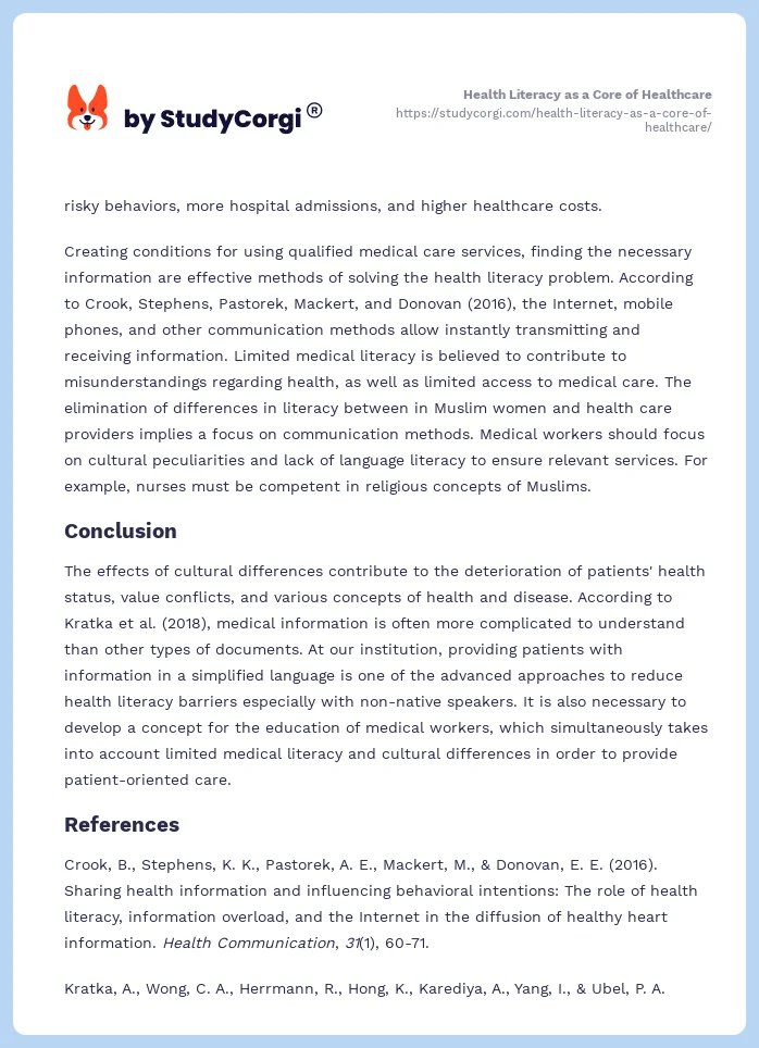 Health Literacy as a Core of Healthcare. Page 2