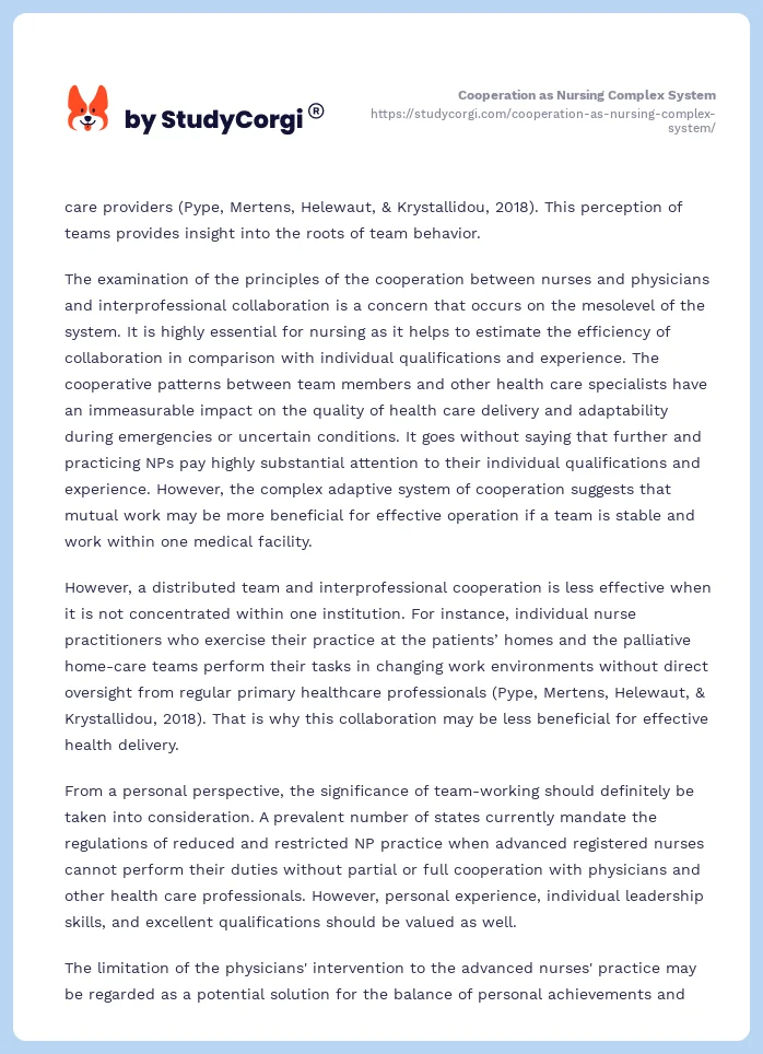 Cooperation as Nursing Complex System. Page 2