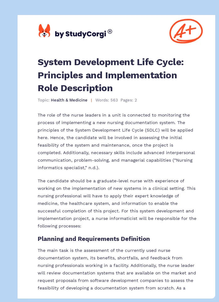 System Development Life Cycle: Principles and Implementation Role Description. Page 1