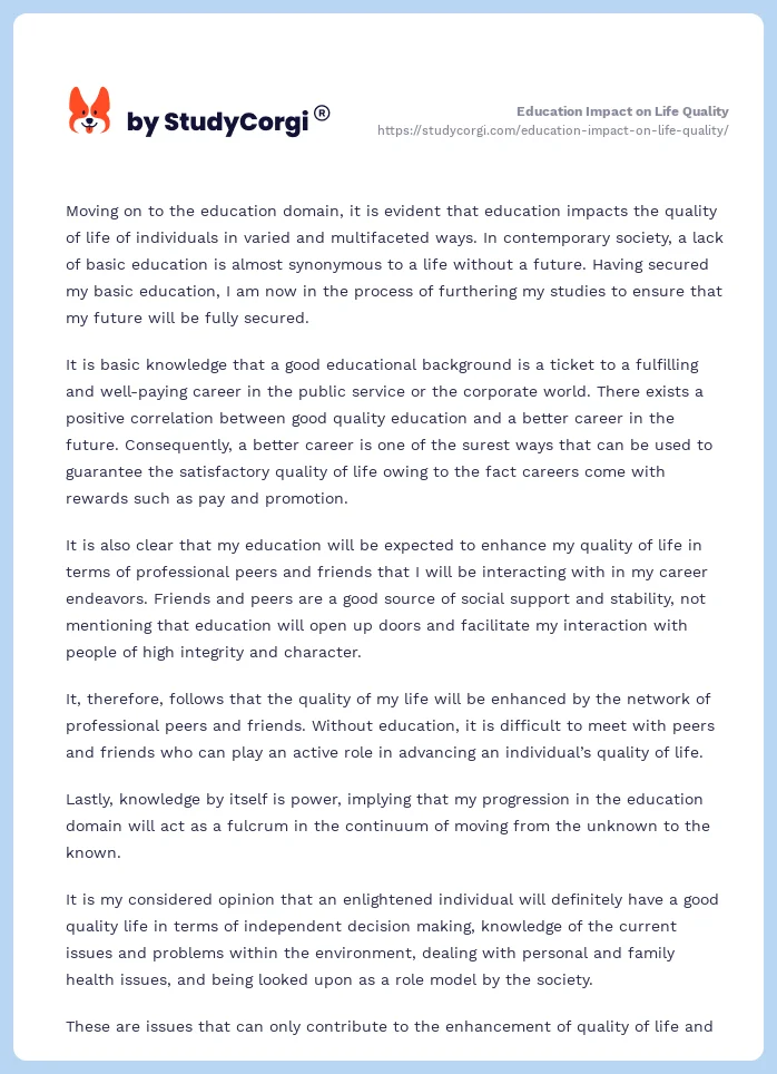 Education Impact on Life Quality. Page 2