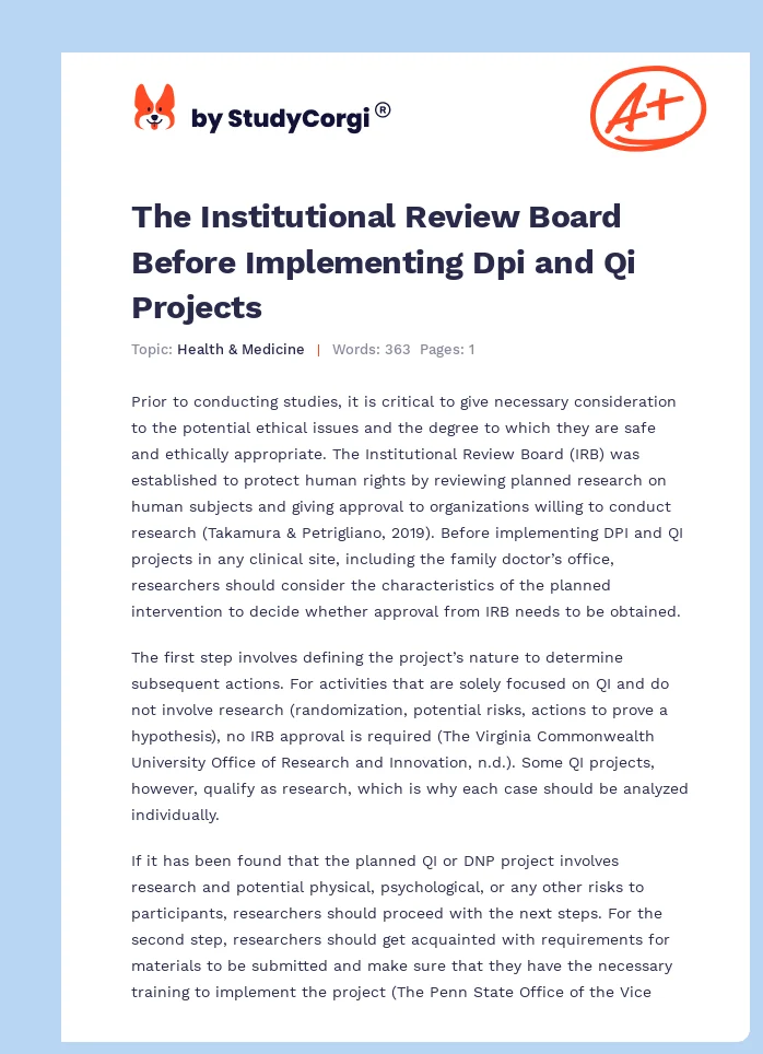 The Institutional Review Board Before Implementing Dpi and Qi Projects. Page 1