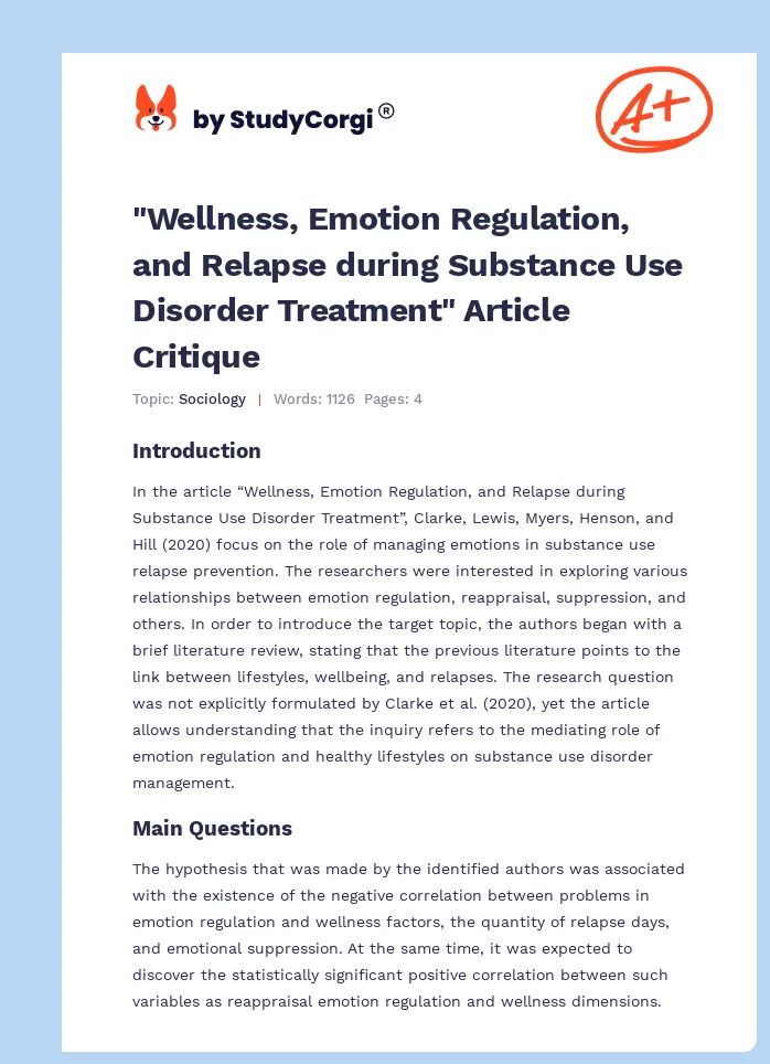 "Wellness, Emotion Regulation, and Relapse during Substance Use Disorder Treatment" Article Critique. Page 1