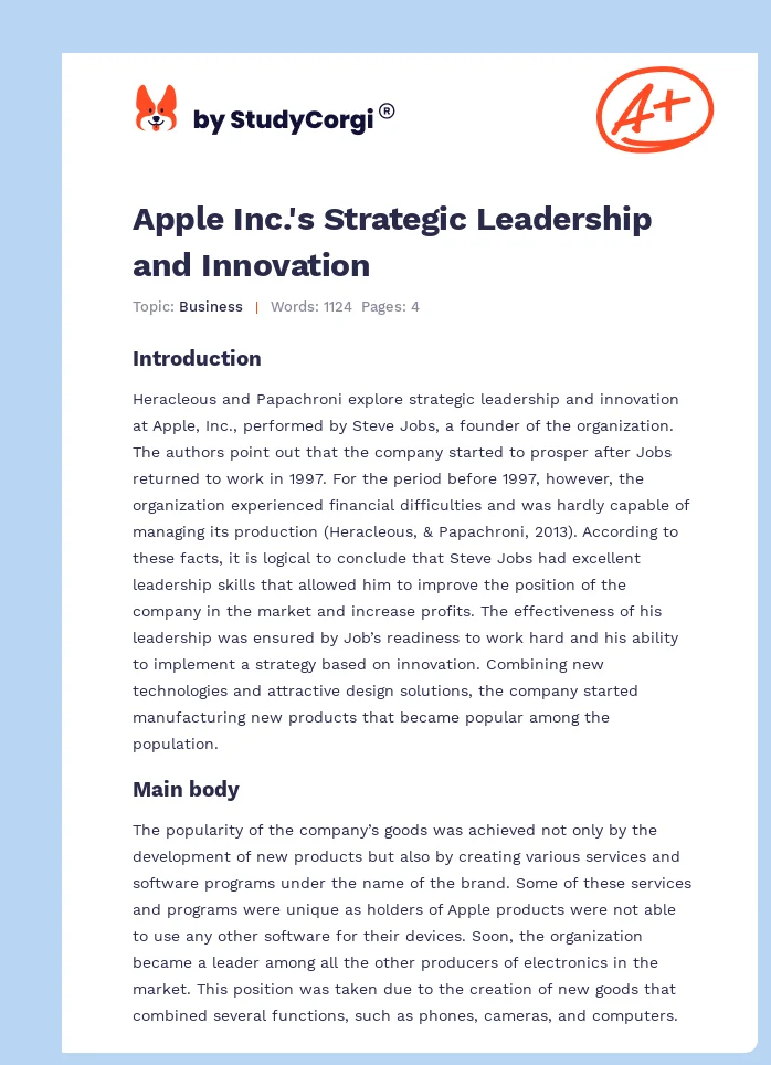 Apple Inc.'s Strategic Leadership and Innovation. Page 1