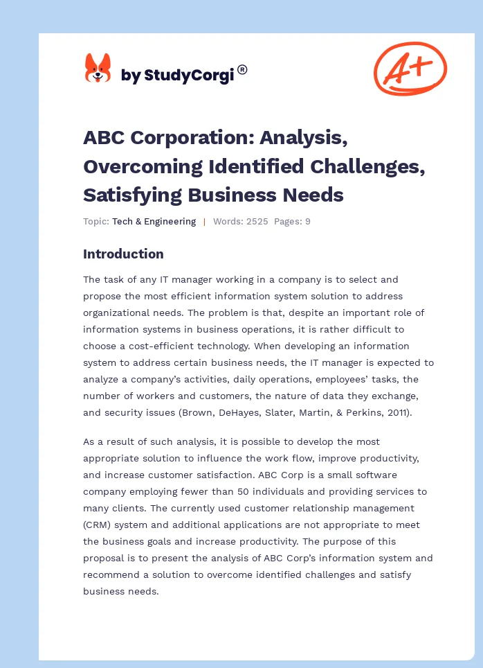 ABC Corporation: Analysis, Overcoming Identified Challenges, Satisfying Business Needs. Page 1