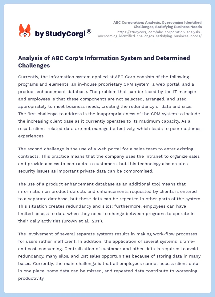 ABC Corporation: Analysis, Overcoming Identified Challenges, Satisfying Business Needs. Page 2