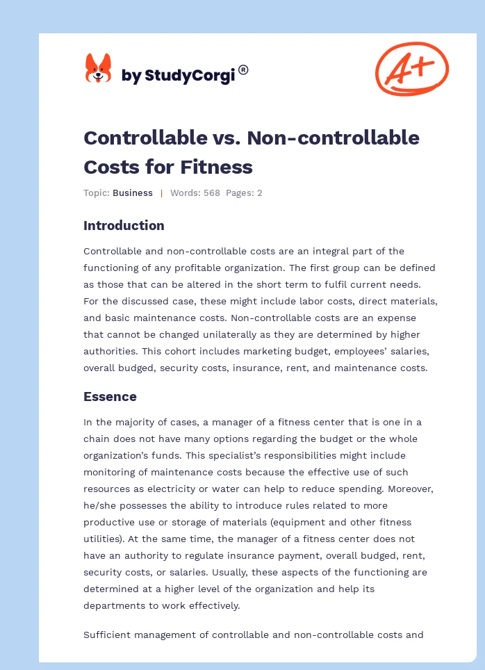 Controllable vs. Non-controllable Costs for Fitness. Page 1