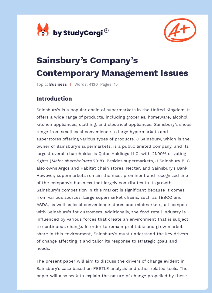 Sainsbury’s Company’s Contemporary Management Issues. Page 1